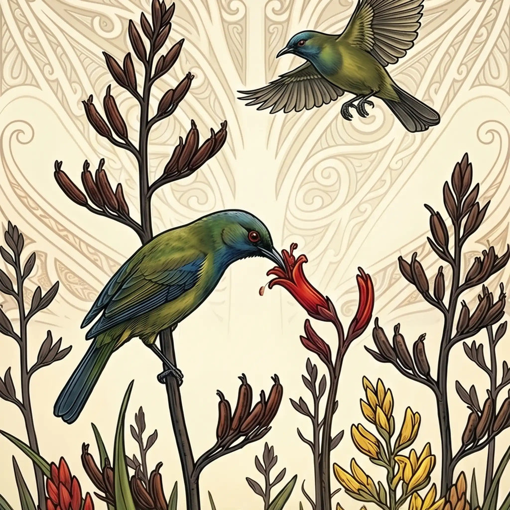 Korimako Feeding on Flax Outdoor Art Panel