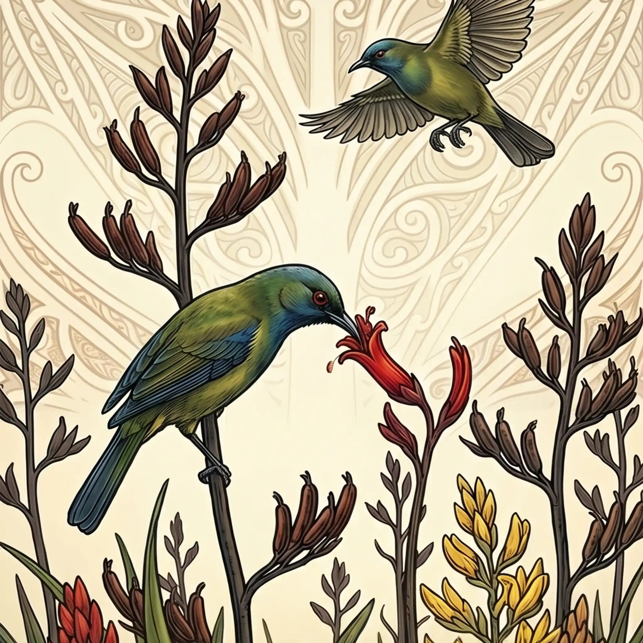 Korimako Feeding on Flax Outdoor Art Panel