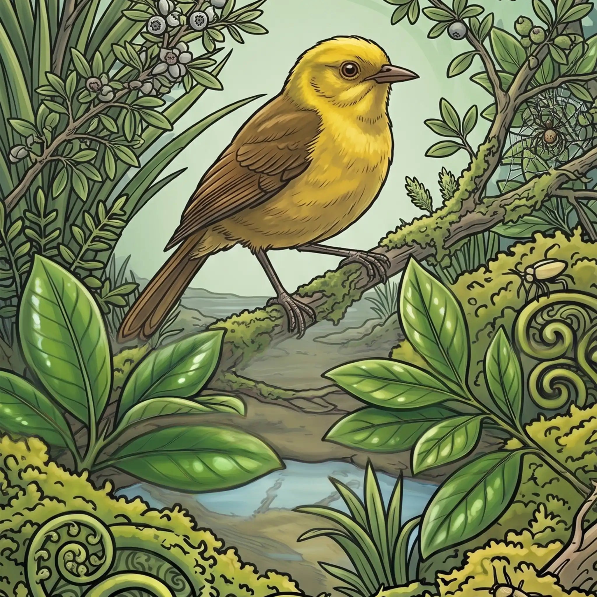 Mōhua on Mossy Branch Outdoor Art Panel